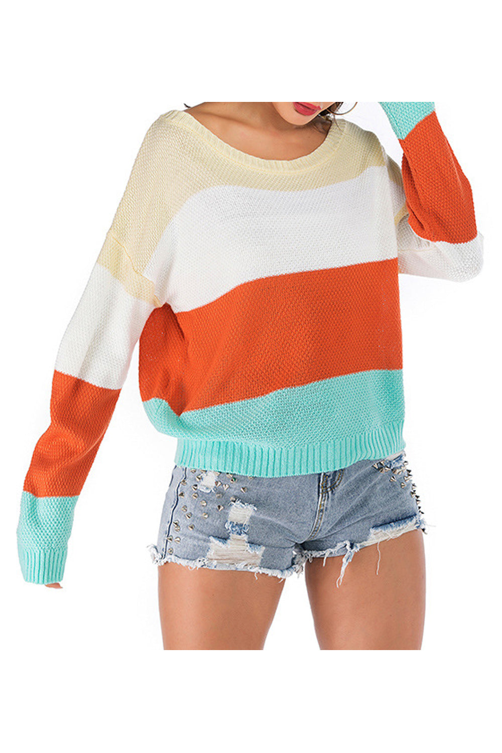 Women Round Neck Pretty Striped Thick & Warm Sweater