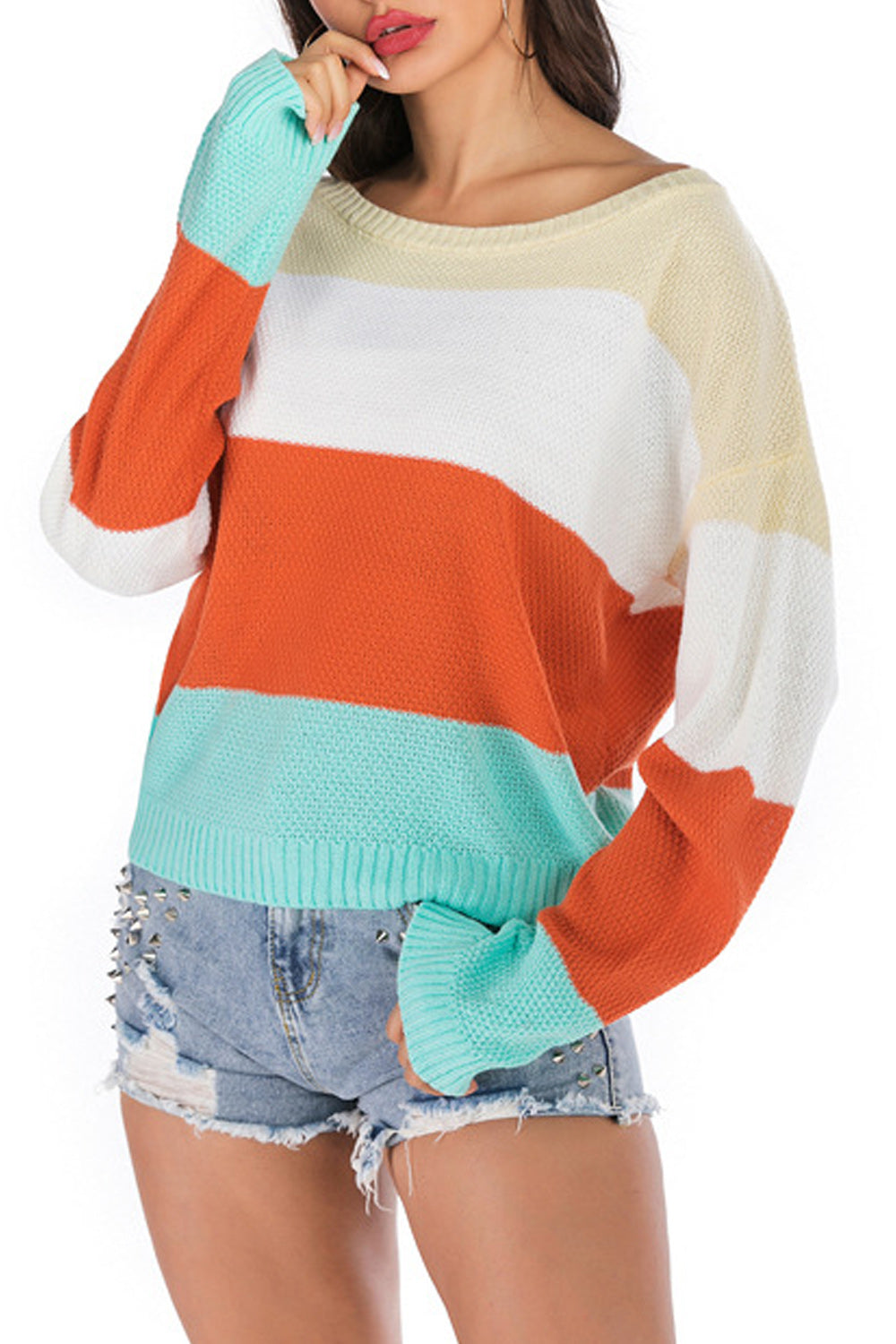 Women Round Neck Pretty Striped Thick & Warm Sweater