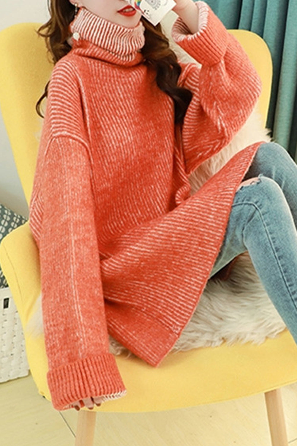 Women Sleek Turtle Neck Loose Thick & Warm Sweater