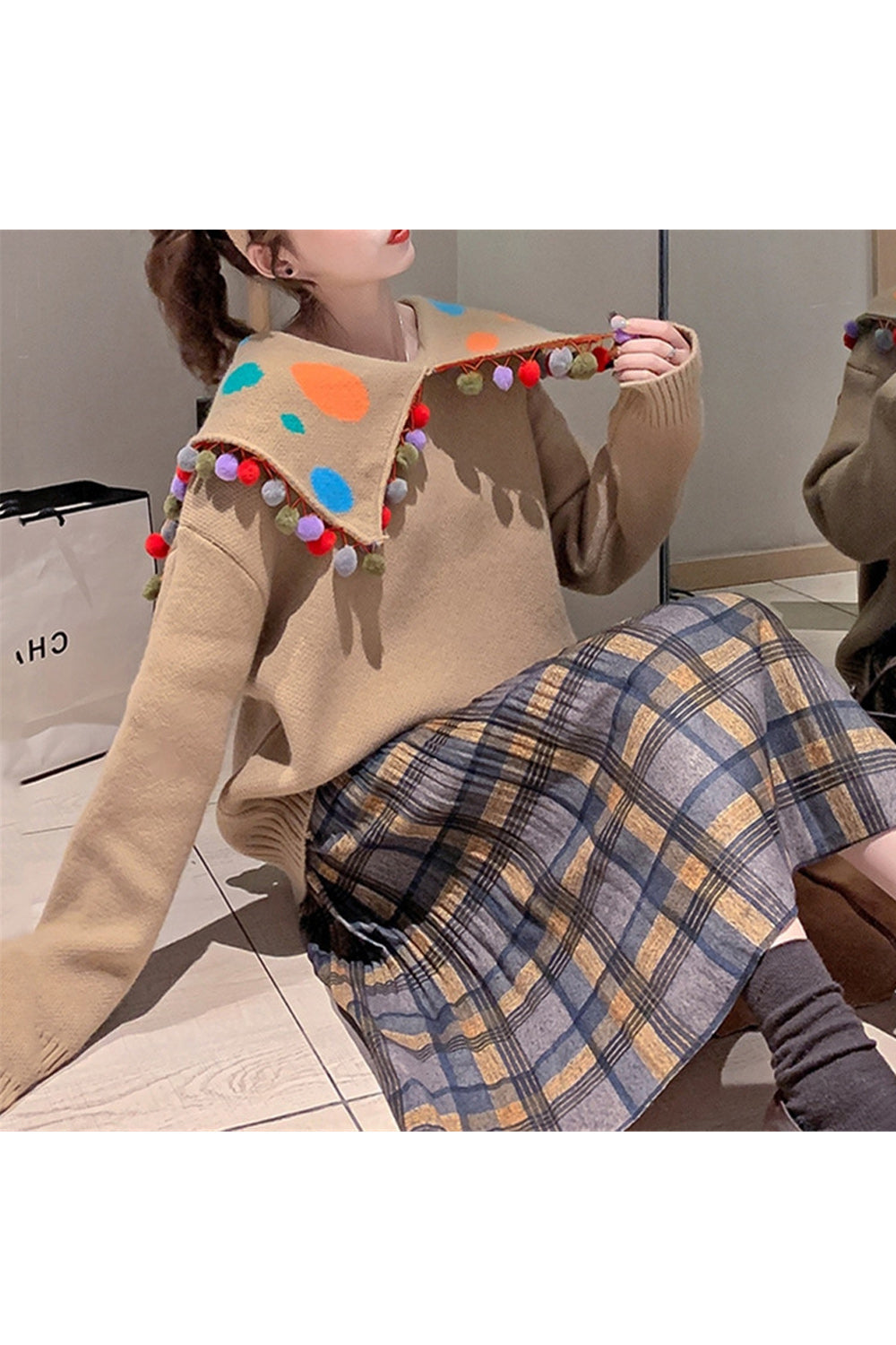 Women Colorful Ball Lace Collar Neck Thick Winter Sweater