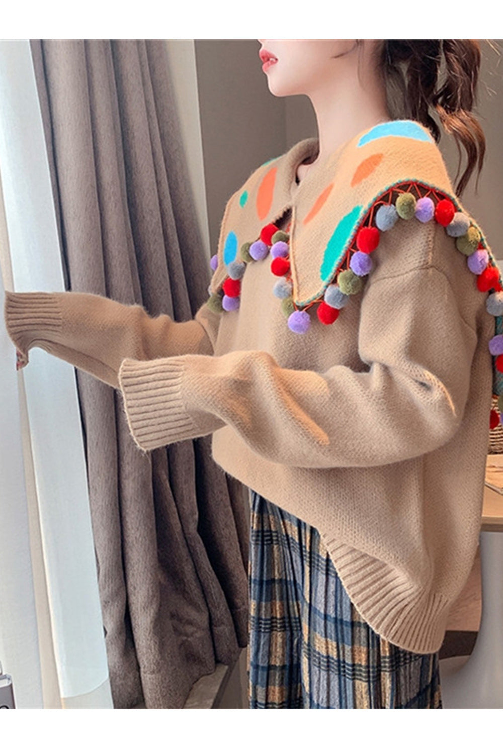 Women Colorful Ball Lace Collar Neck Thick Winter Sweater