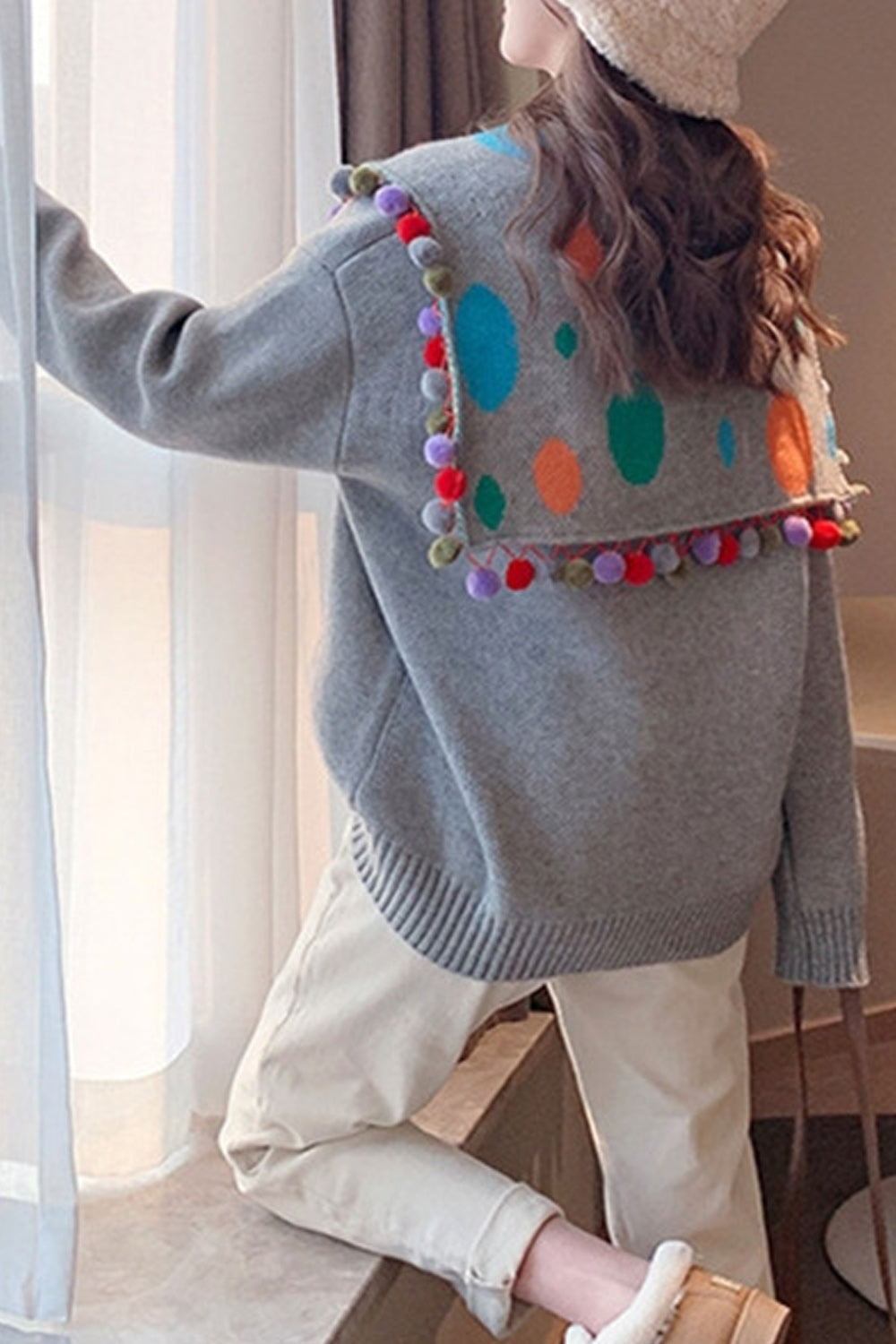 Women Colorful Ball Lace Collar Neck Thick Winter Sweater