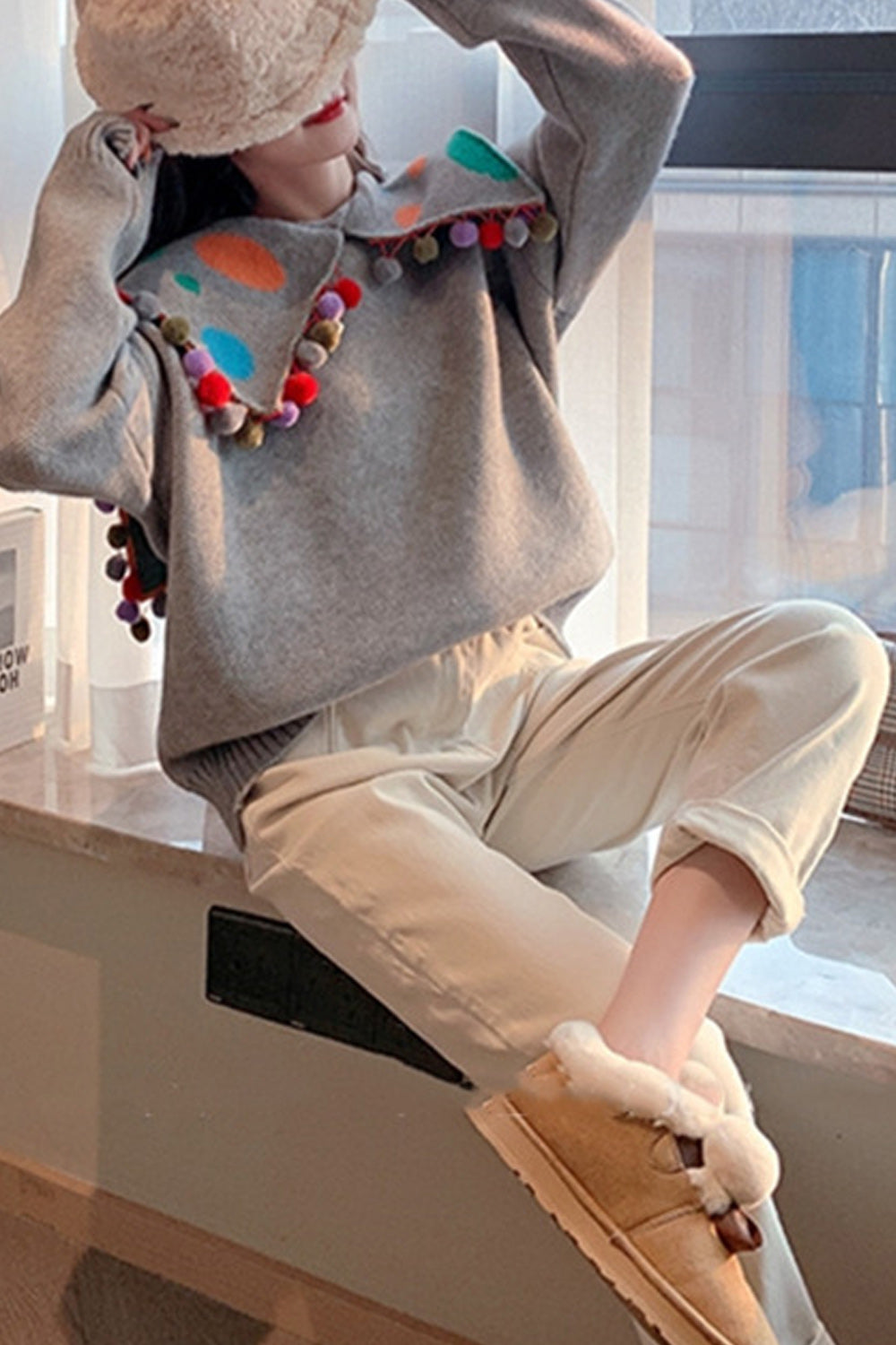 Women Colorful Ball Lace Collar Neck Thick Winter Sweater