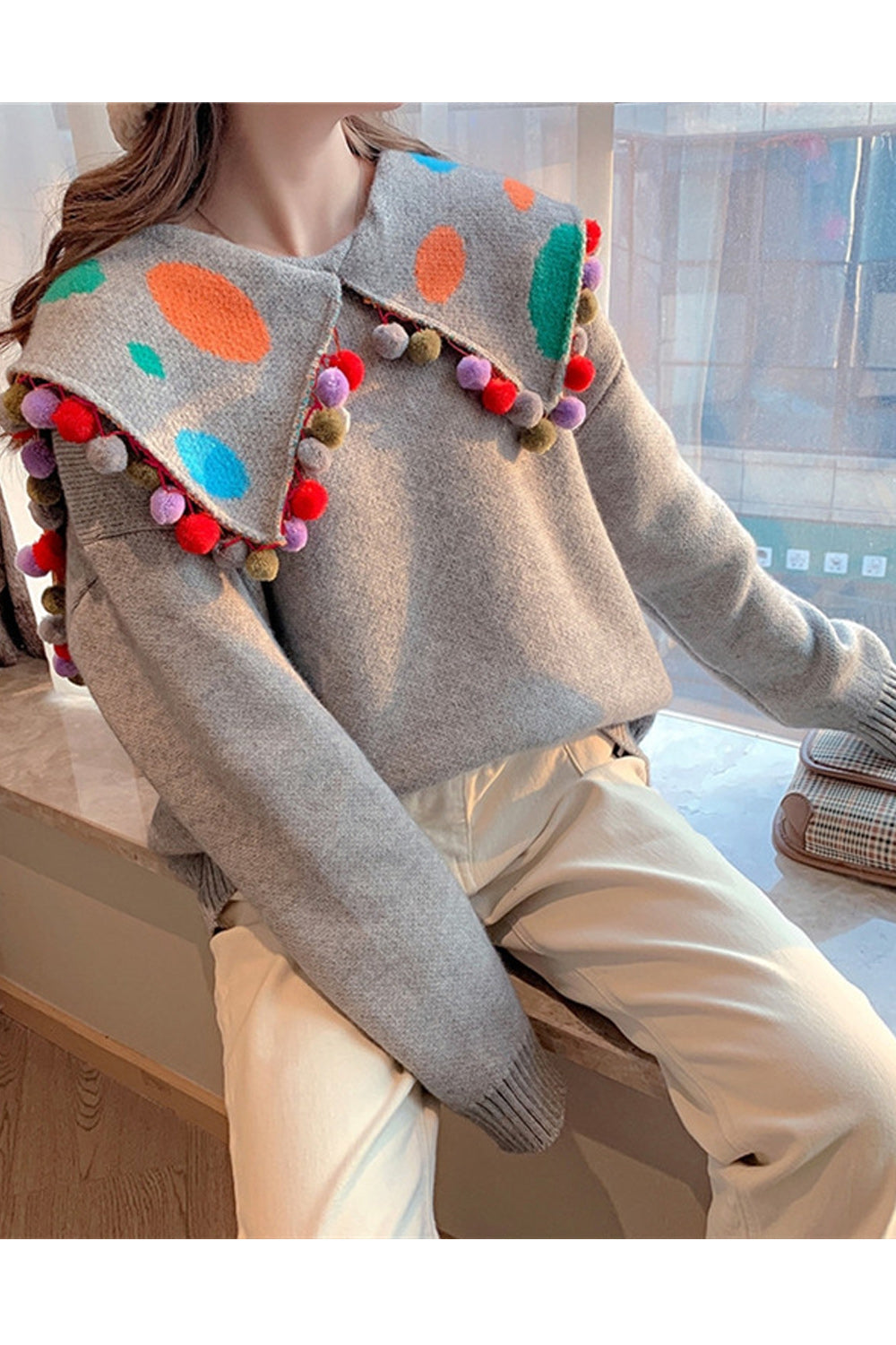 Women Colorful Ball Lace Collar Neck Thick Winter Sweater