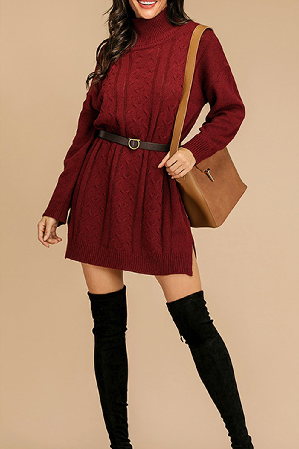 Women Mid Length Solid Tone High Neck Warm Without Belt Sweater
