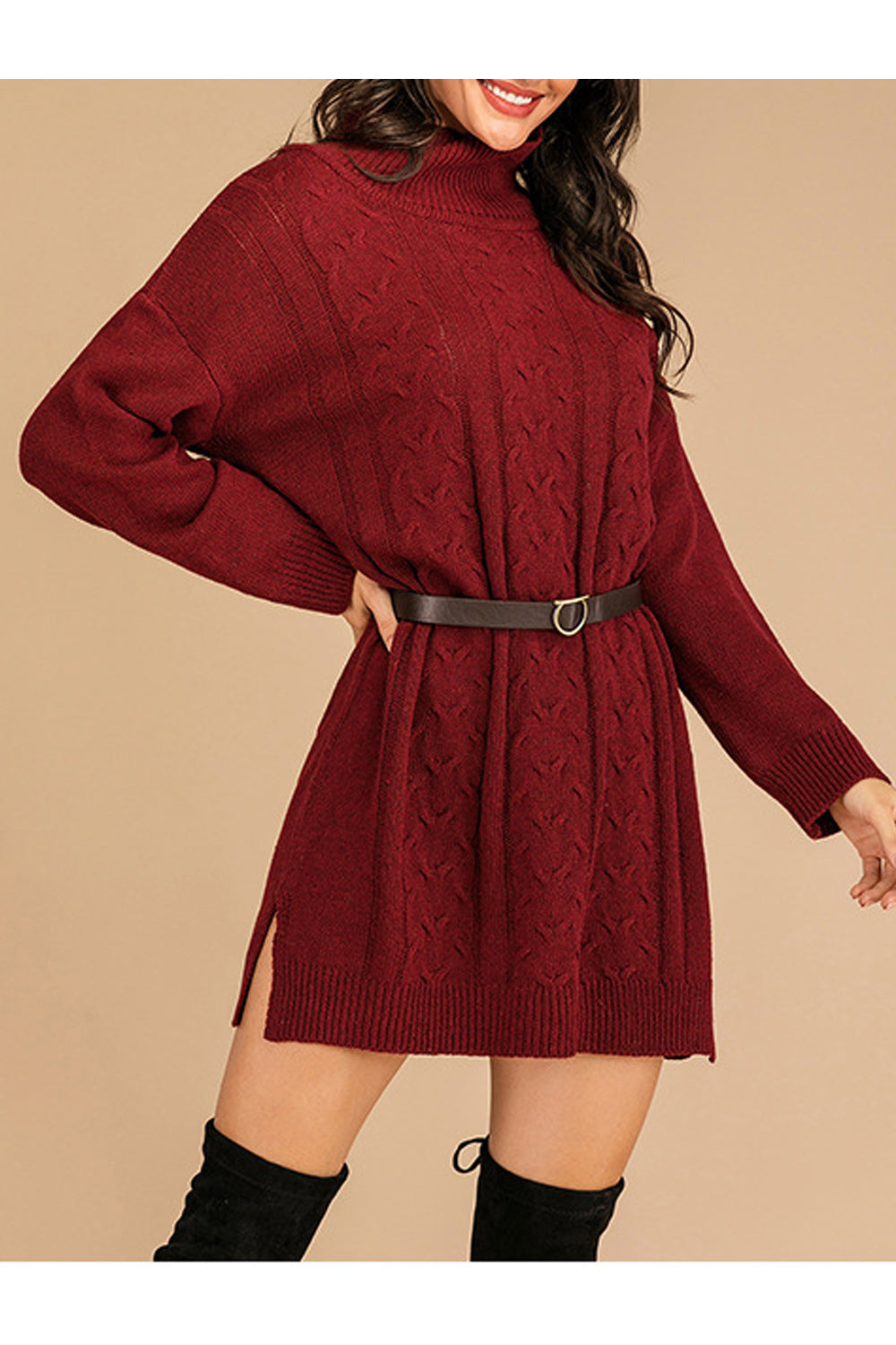 Women Mid Length Solid Tone High Neck Warm Without Belt Sweater