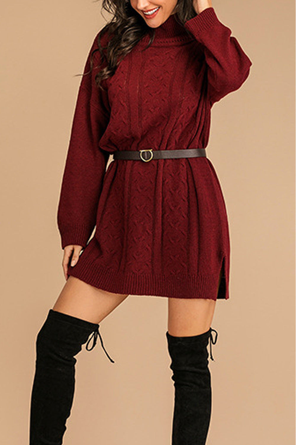 Women Mid Length Solid Tone High Neck Warm Without Belt Sweater