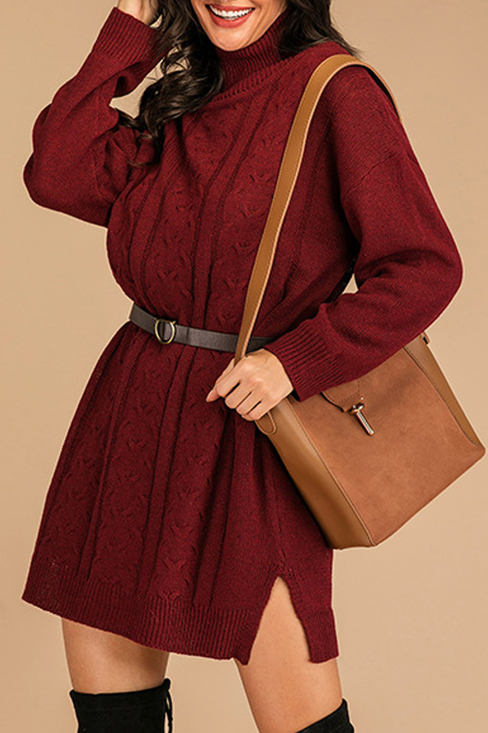 Women Mid Length Solid Tone High Neck Warm Without Belt Sweater