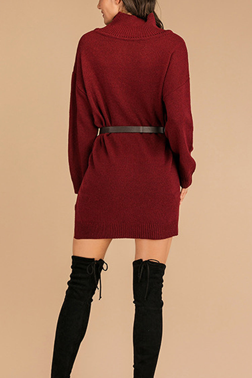 Women Mid Length Solid Tone High Neck Warm Without Belt Sweater