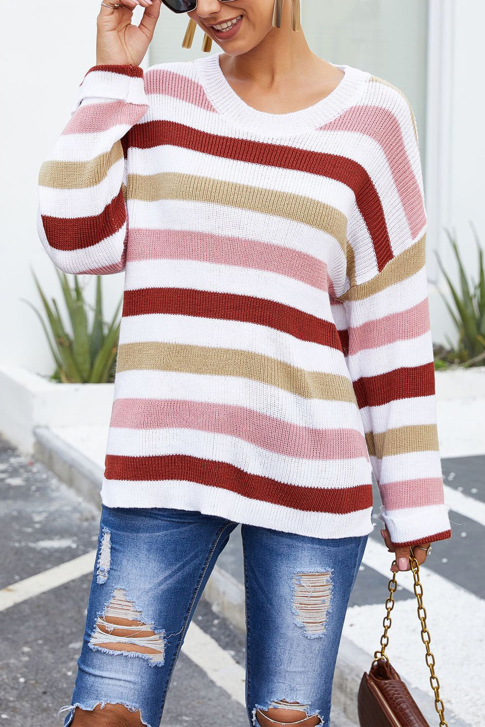 Women Beautiful Stripes Round Neck Loose Warm Sweater