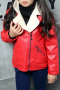 Kids Girls Solid Colored Long Sleeve Cozy Collar Neck Leather Jacket