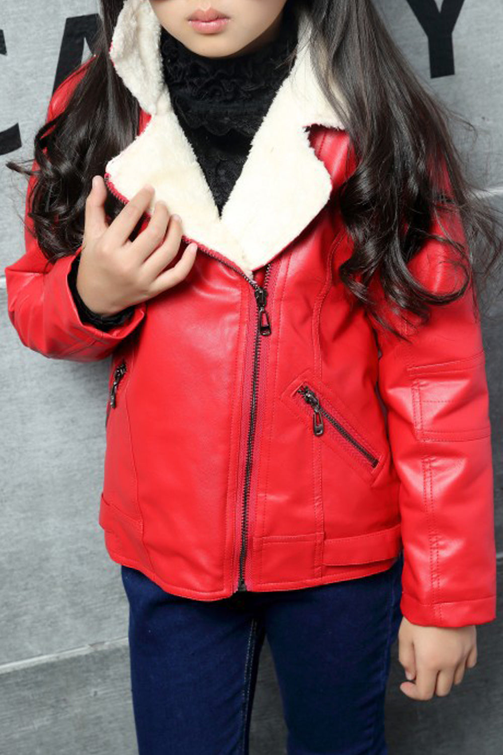 Kids Girls Solid Colored Long Sleeve Cozy Collar Neck Leather Jacket