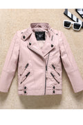 Kids Girls Solid Colored Long Sleeve Collar Neck Zipper Pocket Leather Jacket