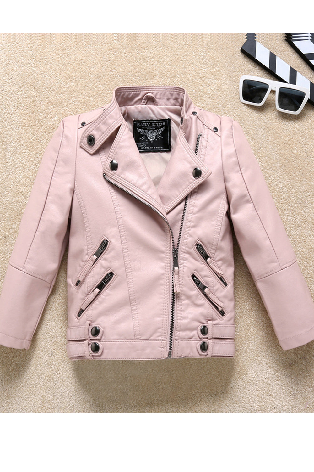 Kids Girls Solid Colored Long Sleeve Collar Neck Zipper Pocket Leather Jacket