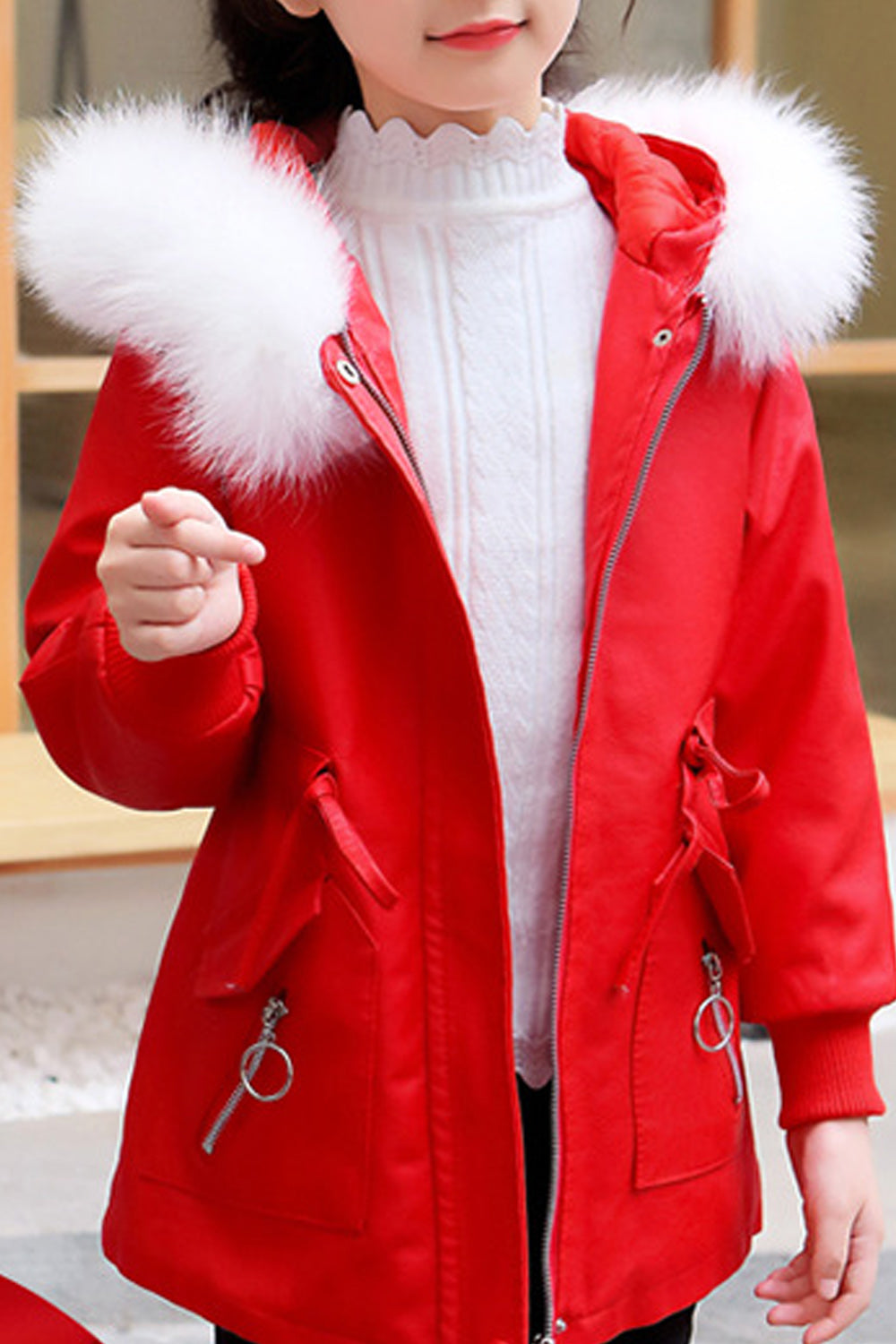 Kids Girls Pretty Solid Colored Ribbed Cuff Long Sleeve Warm Leather Jacket