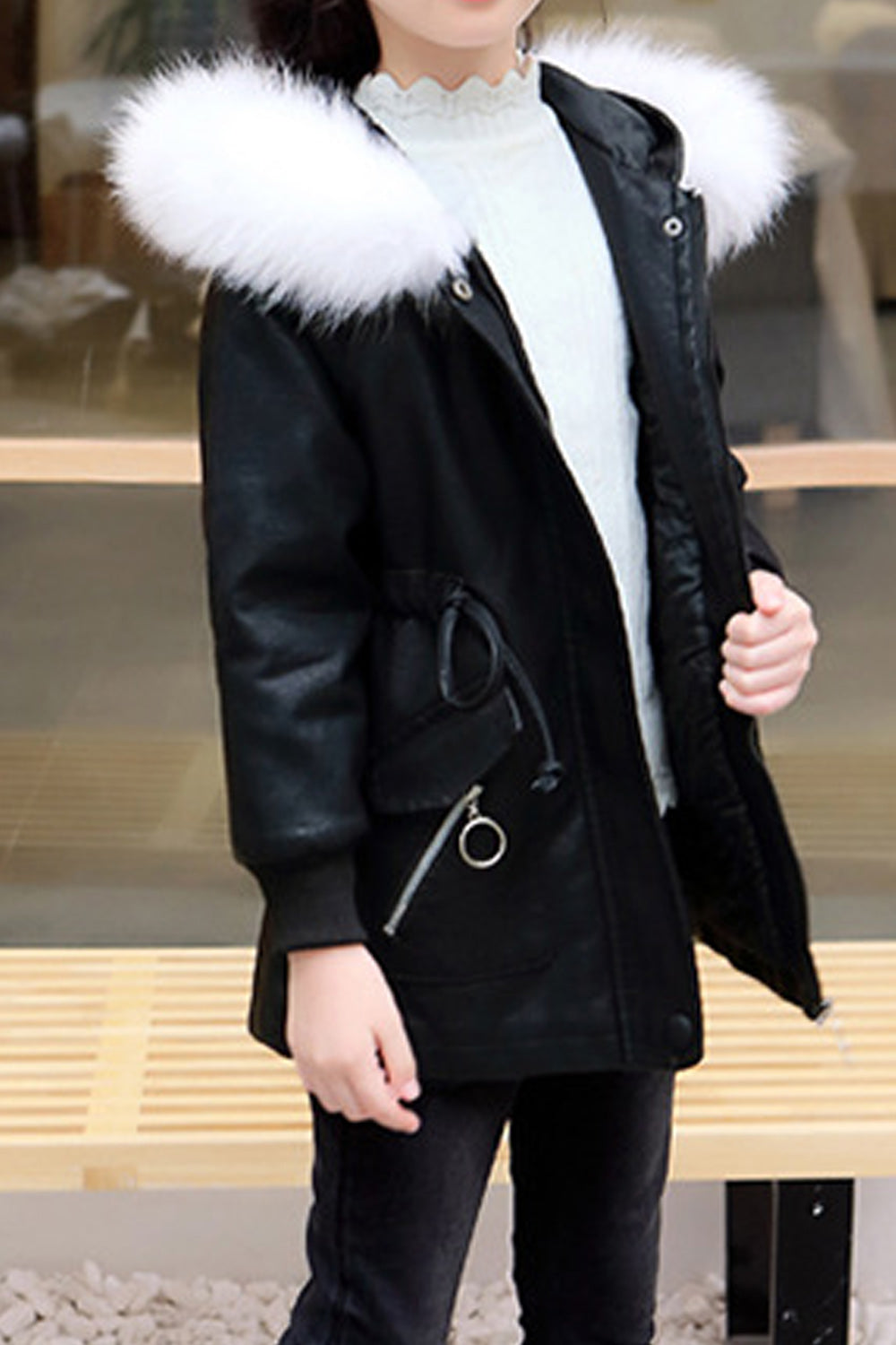 Kids Girls Pretty Solid Colored Ribbed Cuff Long Sleeve Warm Leather Jacket