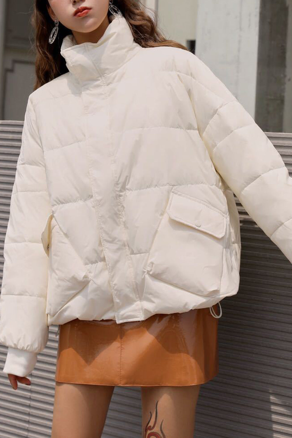 Women Flap Pockets Long Sleeve Convenient Stand Collar Padded Jacket