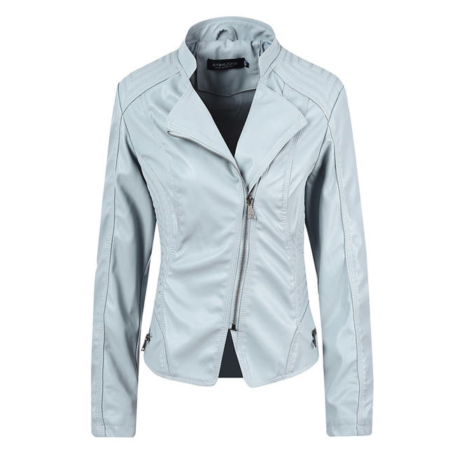 Women Classy Punk Collar Diagonal Zipper PU Leather Jacket