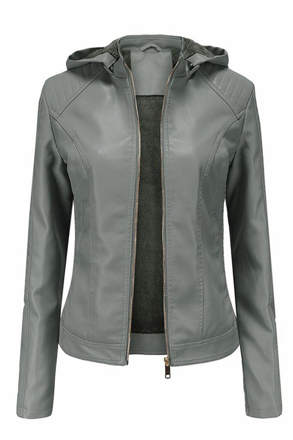 Women Hooded Neck Long Sleeve Comfortable Zipper Closure Leather Jacket