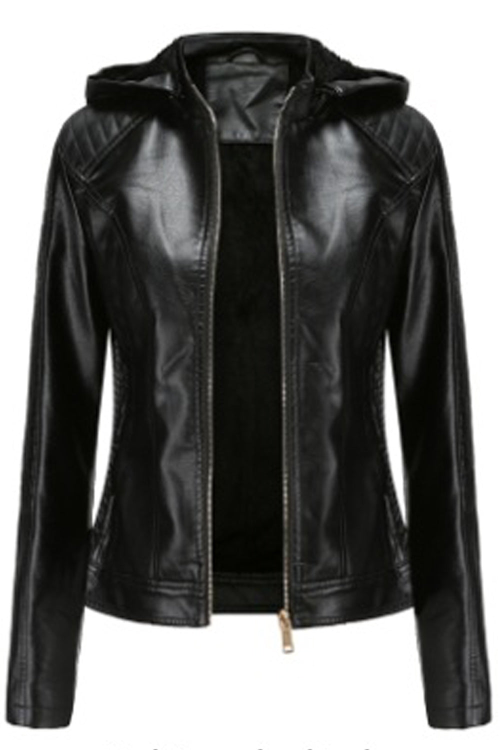 Women Hooded Neck Long Sleeve Comfortable Zipper Closure Leather Jacket