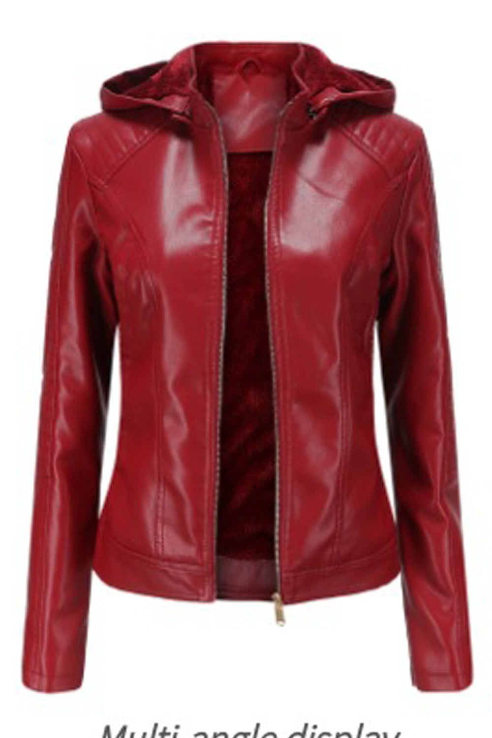 Women Hooded Neck Long Sleeve Comfortable Zipper Closure Leather Jacket