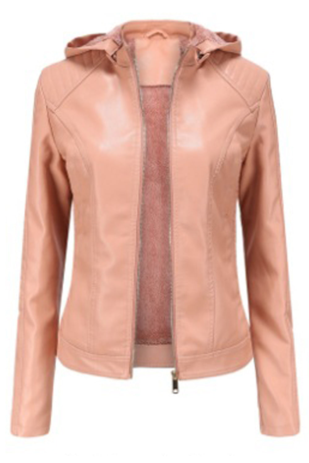 Women Hooded Neck Long Sleeve Comfortable Zipper Closure Leather Jacket