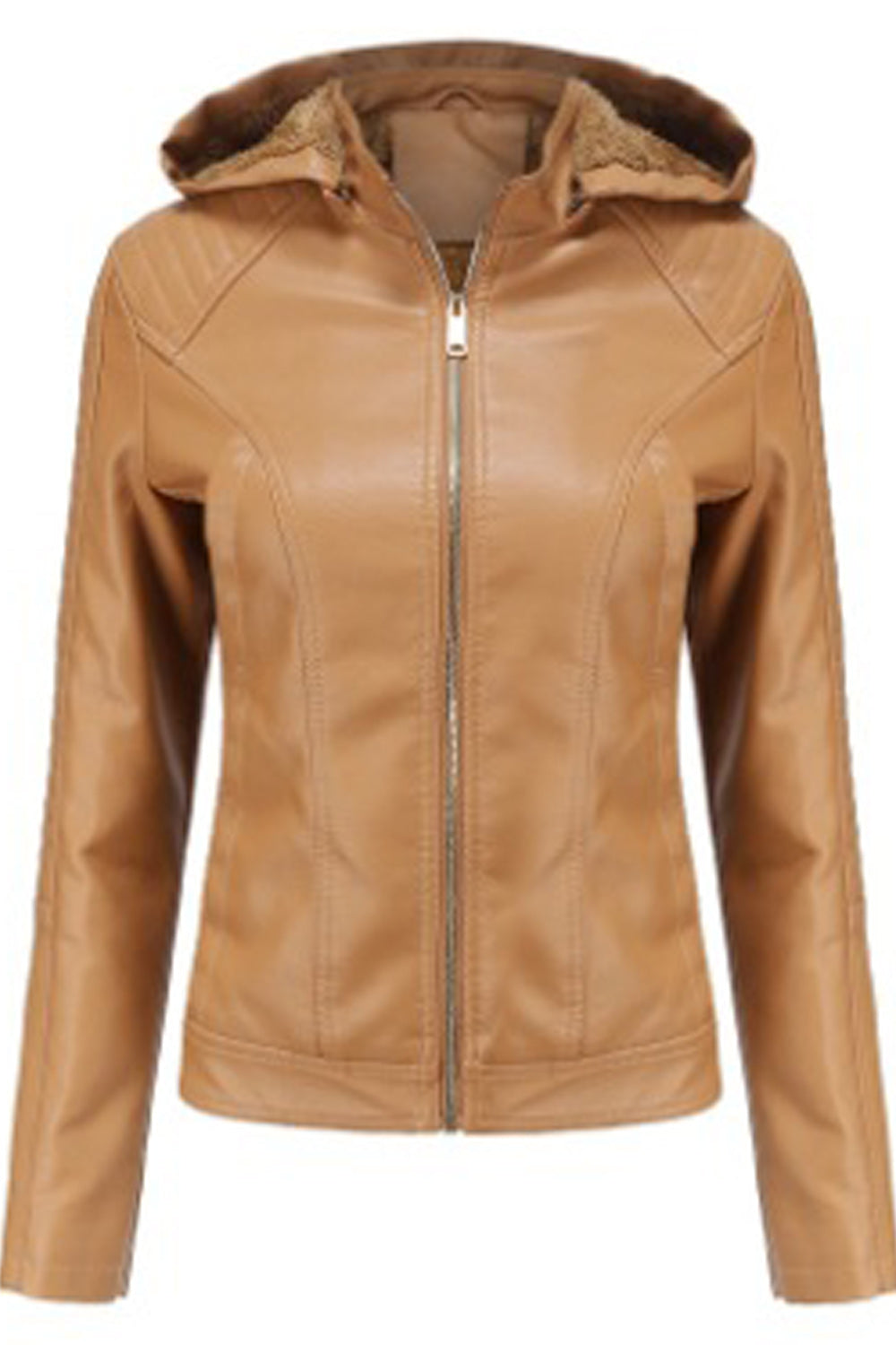Women Hooded Neck Long Sleeve Comfortable Zipper Closure Leather Jacket