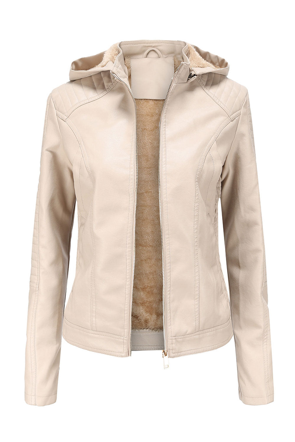 Women Hooded Neck Long Sleeve Comfortable Zipper Closure Leather Jacket