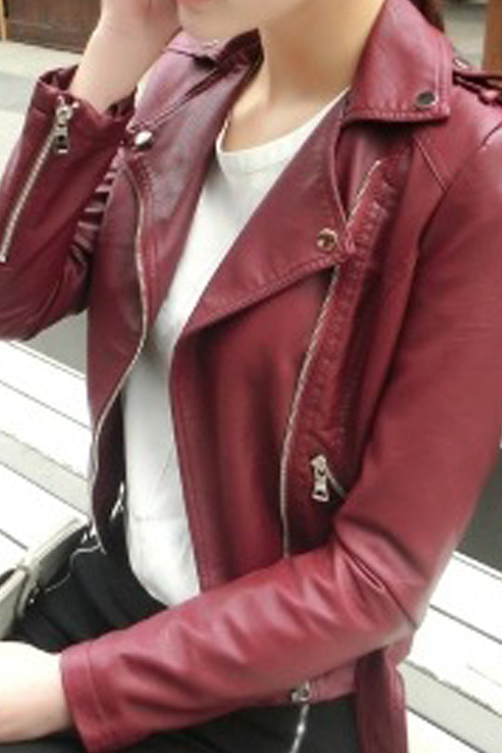 Women Beautiful Solid Colored Long Sleeve Collar Neck Leather Jacket