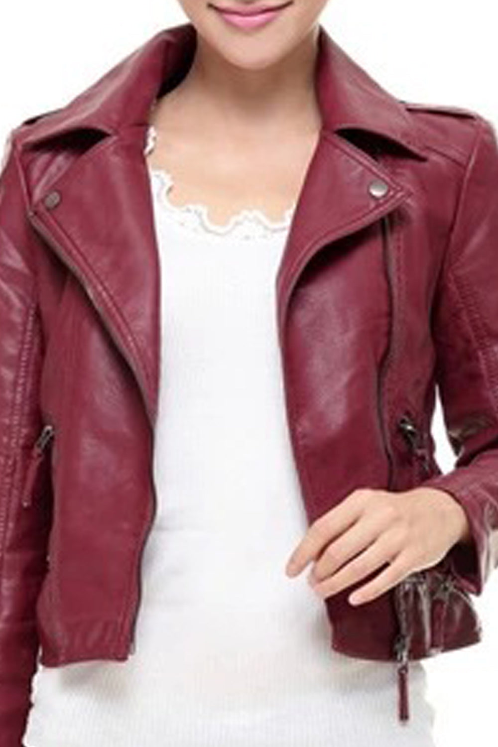 Women Beautiful Solid Colored Long Sleeve Collar Neck Leather Jacket