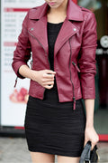 Women Beautiful Solid Colored Long Sleeve Collar Neck Leather Jacket