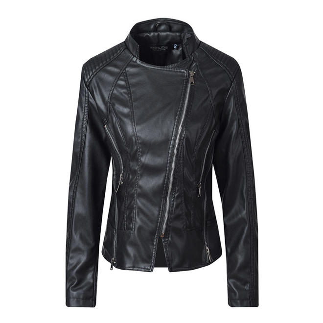 Women Collar Neck Warm Thick Solid Colored Long Sleeve PU Leather Jacket