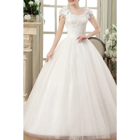 Women Lace Decorated Short Sleeve Wedding Dress