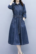 Women Stylish Collar Short Sleeve Awesome Solid Colored Mid-Length Autumn Casual Denim Dress