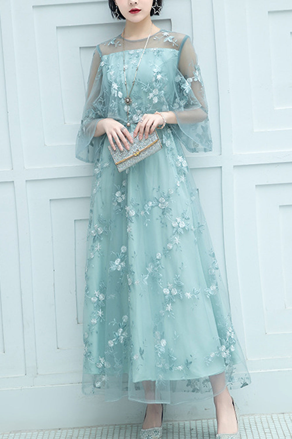 Women Comfy Round Neck Flared Sleeve Flower Embroidery Wedding Party Dress