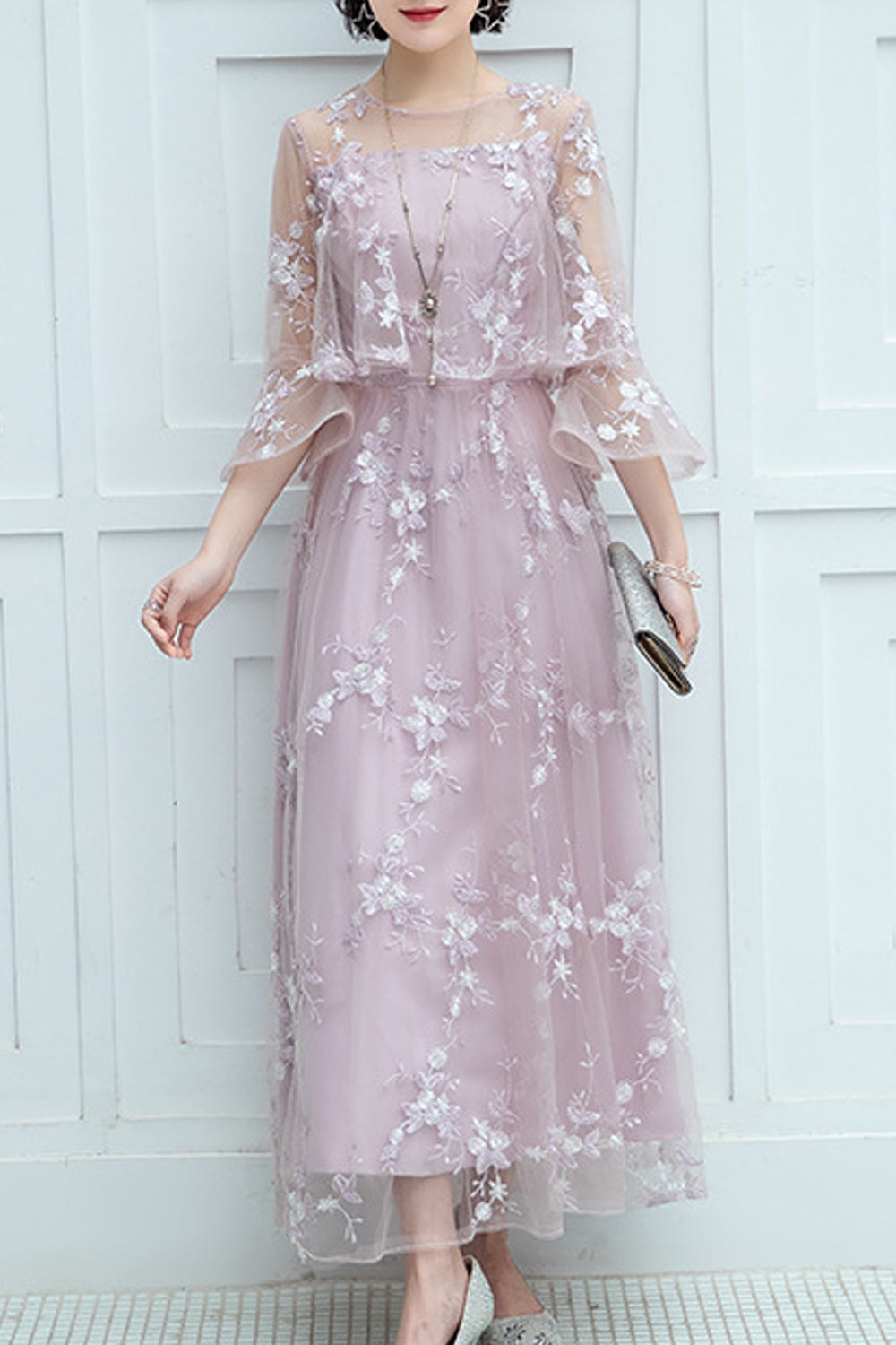 Women Comfy Round Neck Flared Sleeve Flower Embroidery Wedding Party Dress