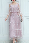 Women Comfy Round Neck Flared Sleeve Flower Embroidery Wedding Party Dress
