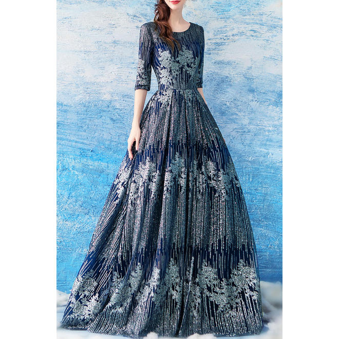 Women Round Neck Half Sleeve Sequins Decorated Convenient Wedding Party Dress