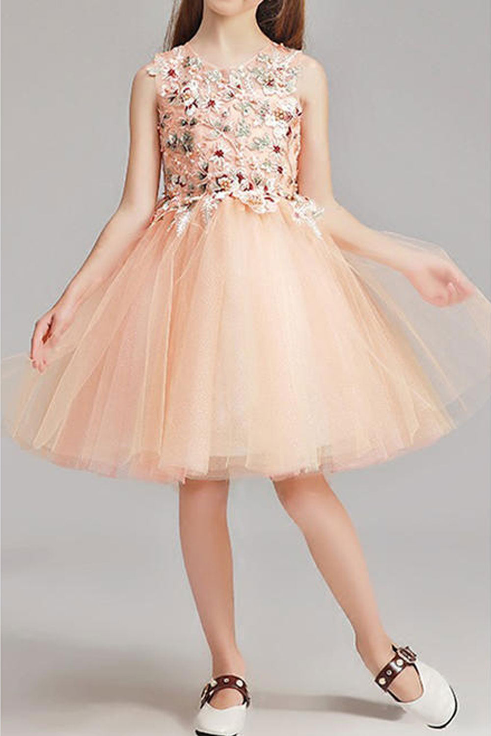 Kids Girls Flower Lace Decorated Flare Wedding Dress