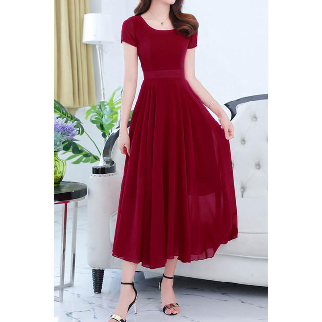 Women Short Sleeve Solid Color Fashion Swing Dress