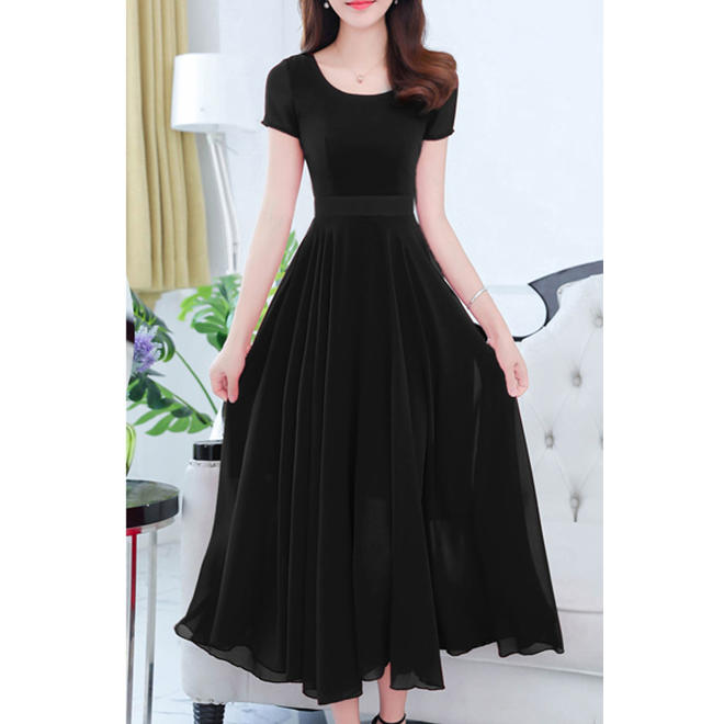 Women Short Sleeve Solid Color Fashion Swing Dress
