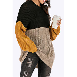 Women Knitted Loose Lantern Long Sleeve Deep V-Neck Trendy Solid Colored Convenient Wear Warm Sweater