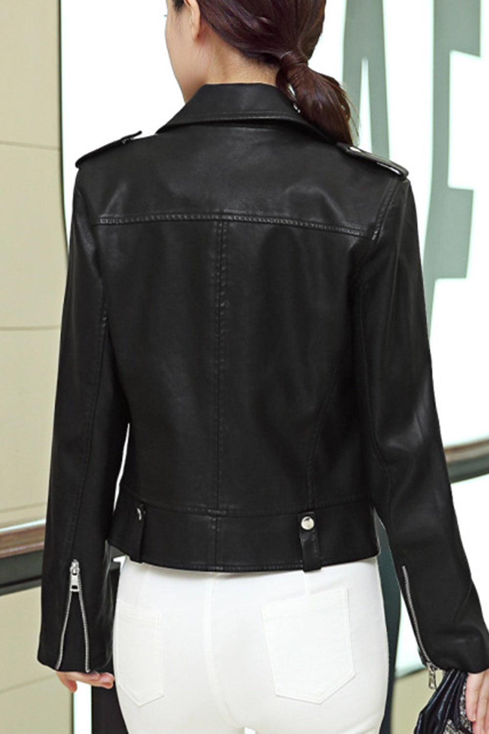 Women Long Sleeve Big Collar Neck Pocket Styling Leather Jacket