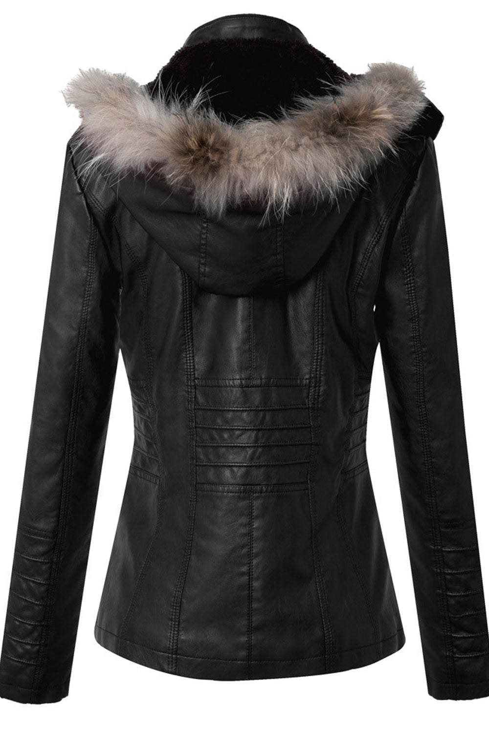 Women Hooded Neck Warm Long Sleeve Slim Fit Classy Leather Jacket