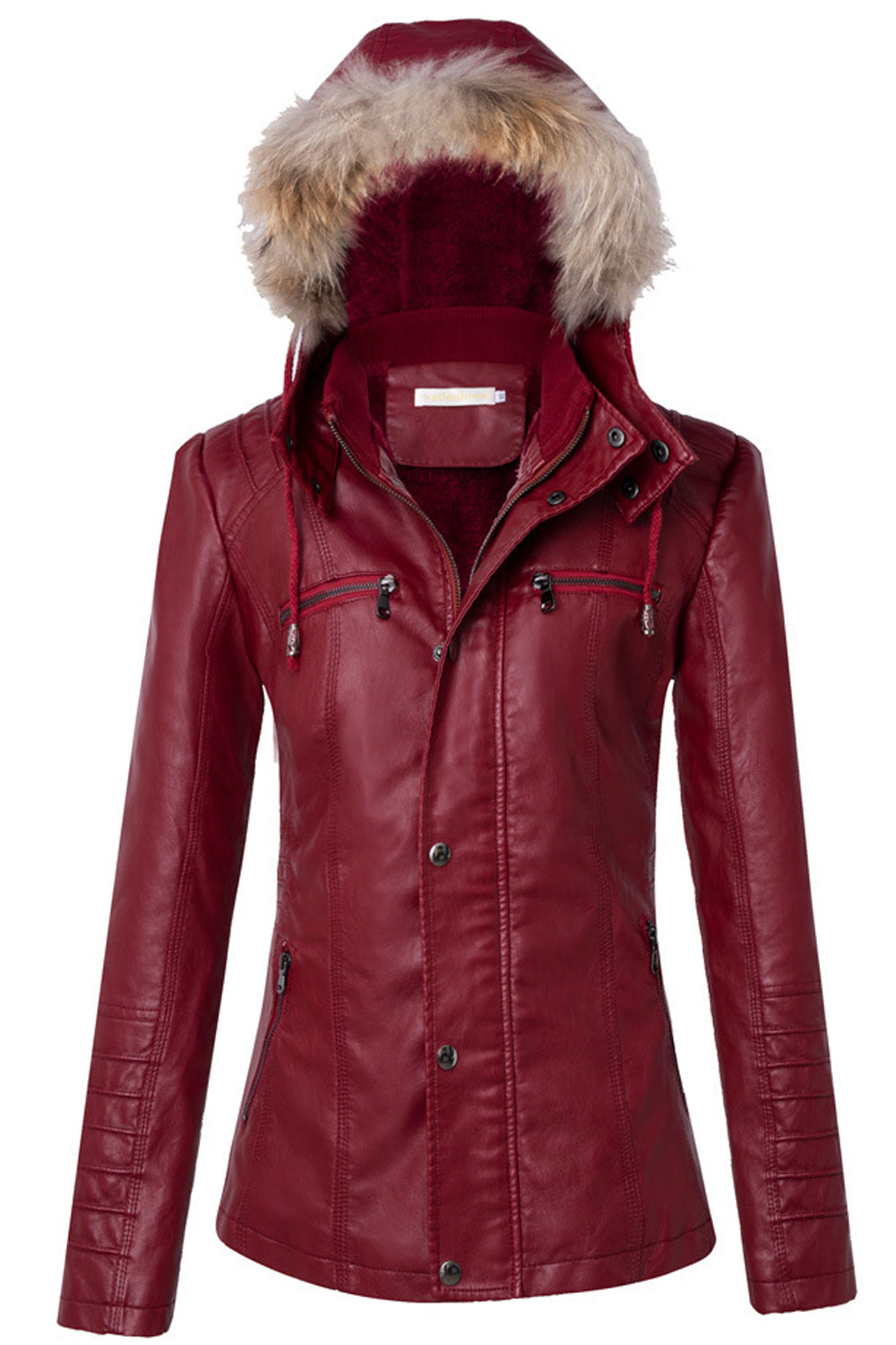 Women Hooded Neck Warm Long Sleeve Slim Fit Classy Leather Jacket