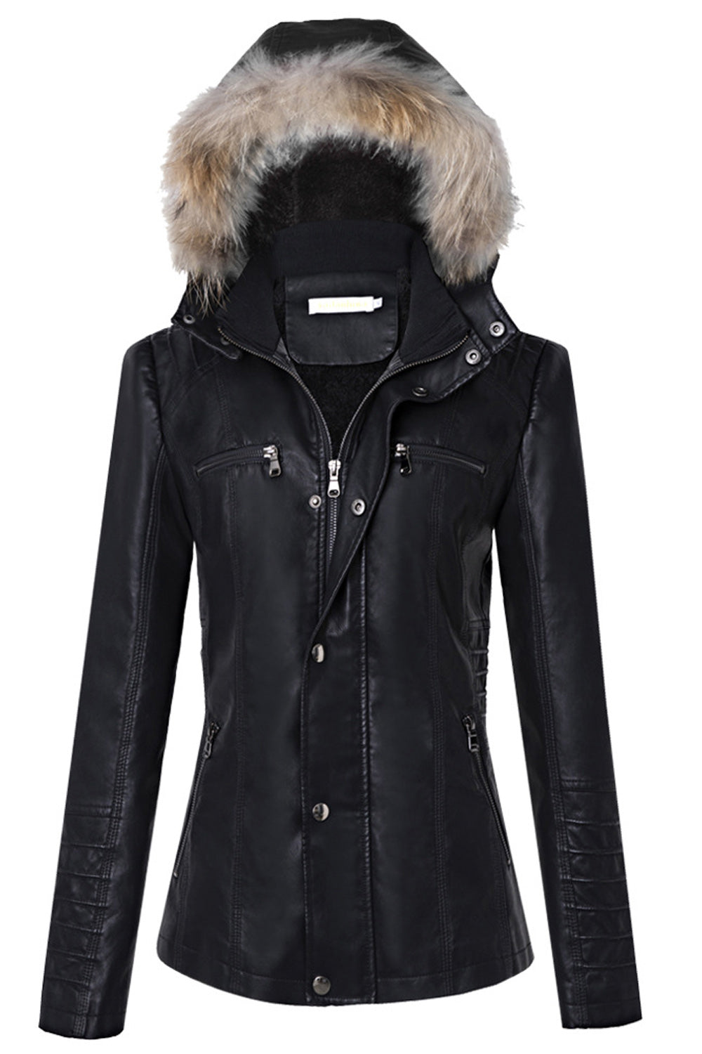 Women Hooded Neck Warm Long Sleeve Slim Fit Classy Leather Jacket