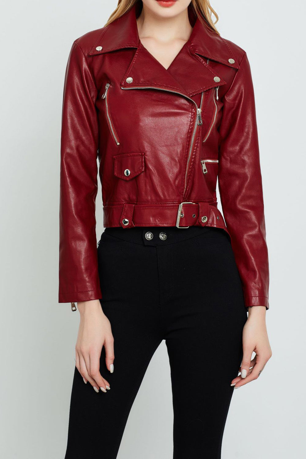 Women Elegant Solid Colored Smooth Big Collar Long Sleeve Leather Jacket
