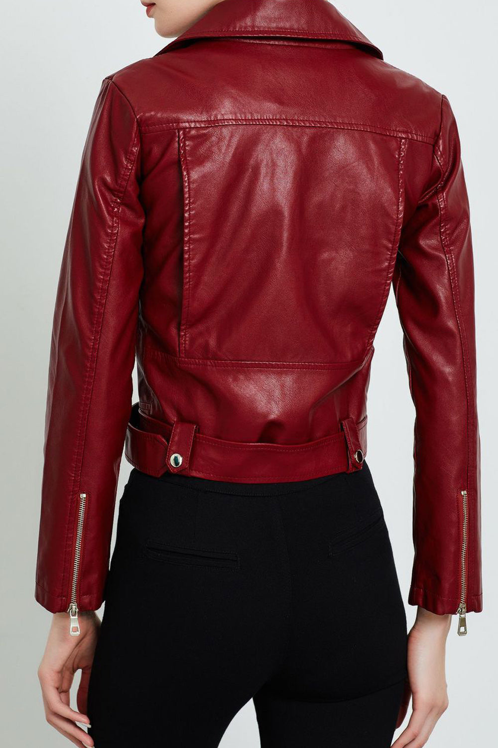 Women Elegant Solid Colored Smooth Big Collar Long Sleeve Leather Jacket