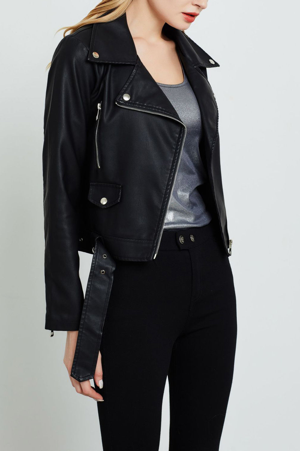 Women Elegant Solid Colored Smooth Big Collar Long Sleeve Leather Jacket