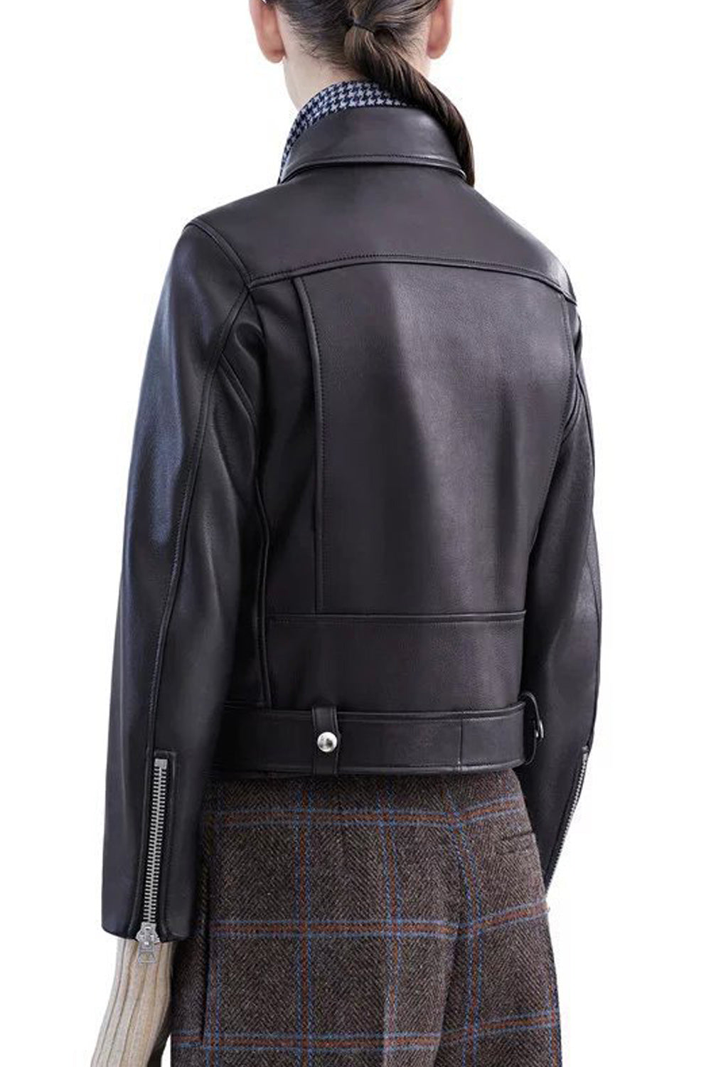 Women Elegant Solid Colored Smooth Big Collar Long Sleeve Leather Jacket